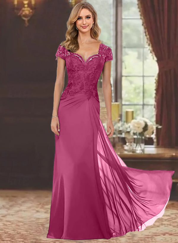 Robe de Mère de la Mariée Fourreau/Colonne à Manches Courtes et Longueur Au Sol avec Appliques en Dentelle