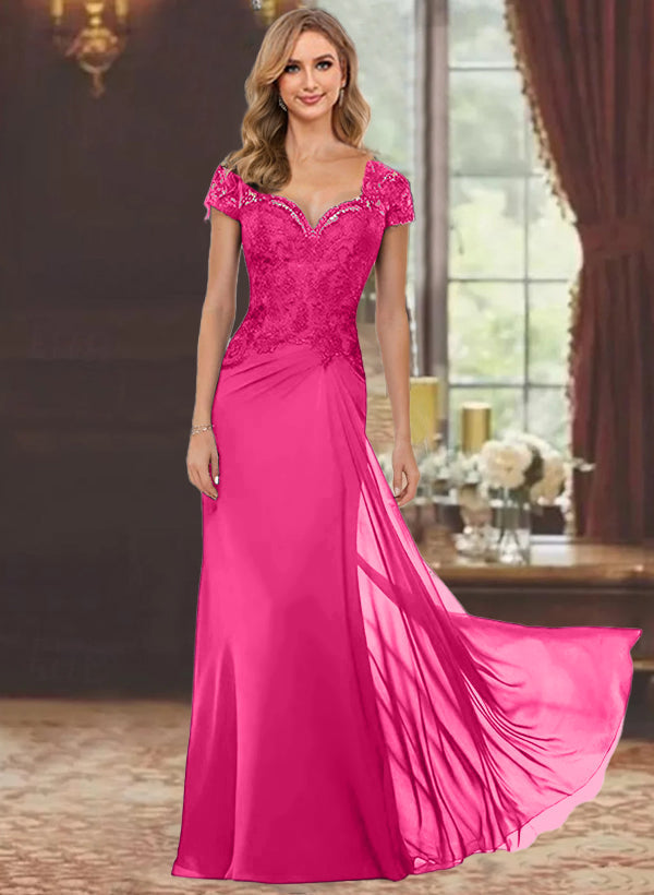 Robe de Mère de la Mariée Fourreau/Colonne à Manches Courtes et Longueur Au Sol avec Appliques en Dentelle