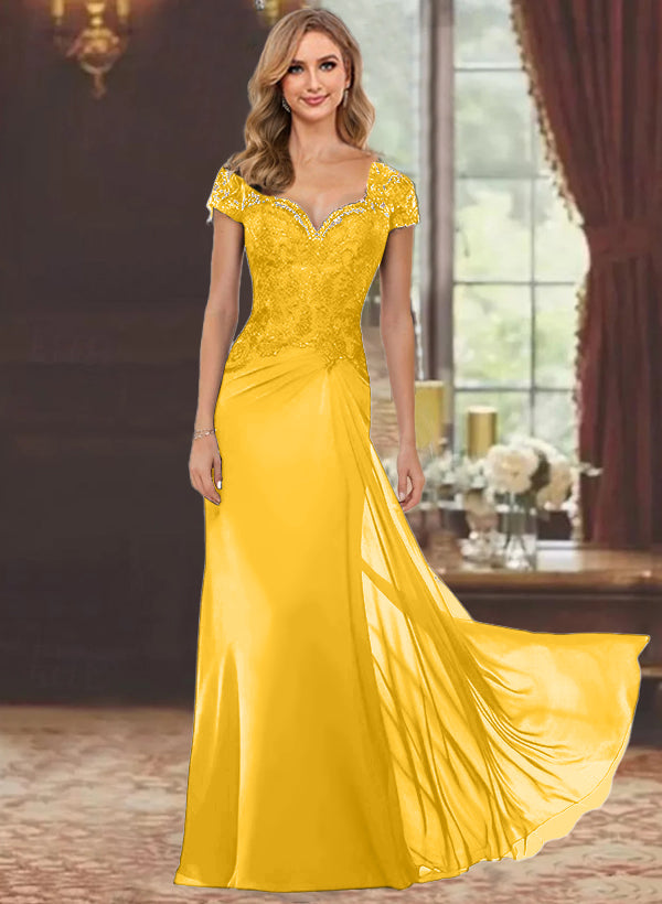 Robe de Mère de la Mariée Fourreau/Colonne à Manches Courtes et Longueur Au Sol avec Appliques en Dentelle