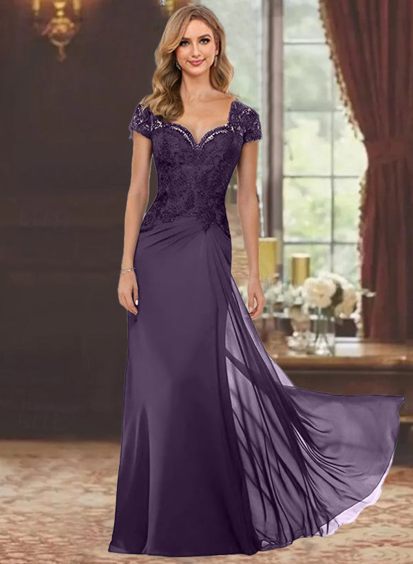 Robe de Mère de la Mariée Fourreau/Colonne à Manches Courtes et Longueur Au Sol avec Appliques en Dentelle