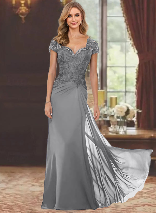 Robe de Mère de la Mariée Fourreau/Colonne à Manches Courtes et Longueur Au Sol avec Appliques en Dentelle