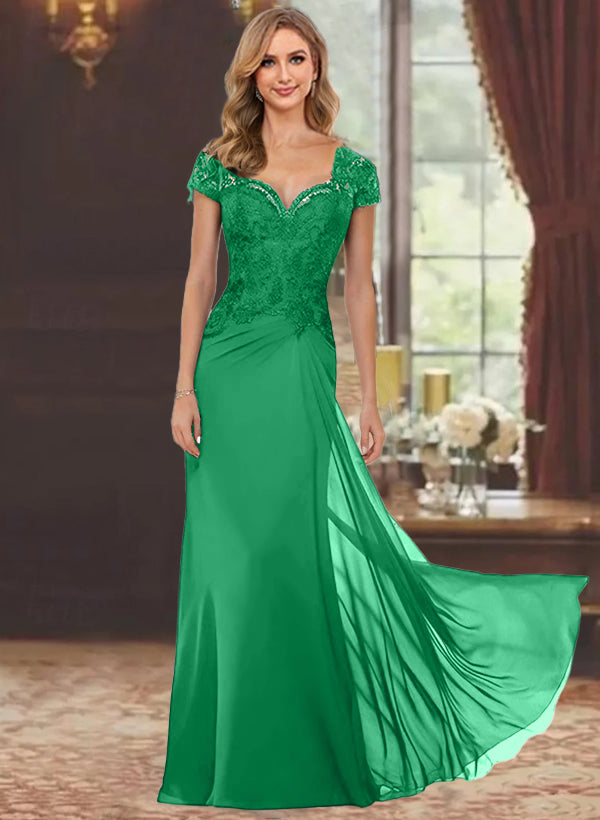 Robe de Mère de la Mariée Fourreau/Colonne à Manches Courtes et Longueur Au Sol avec Appliques en Dentelle
