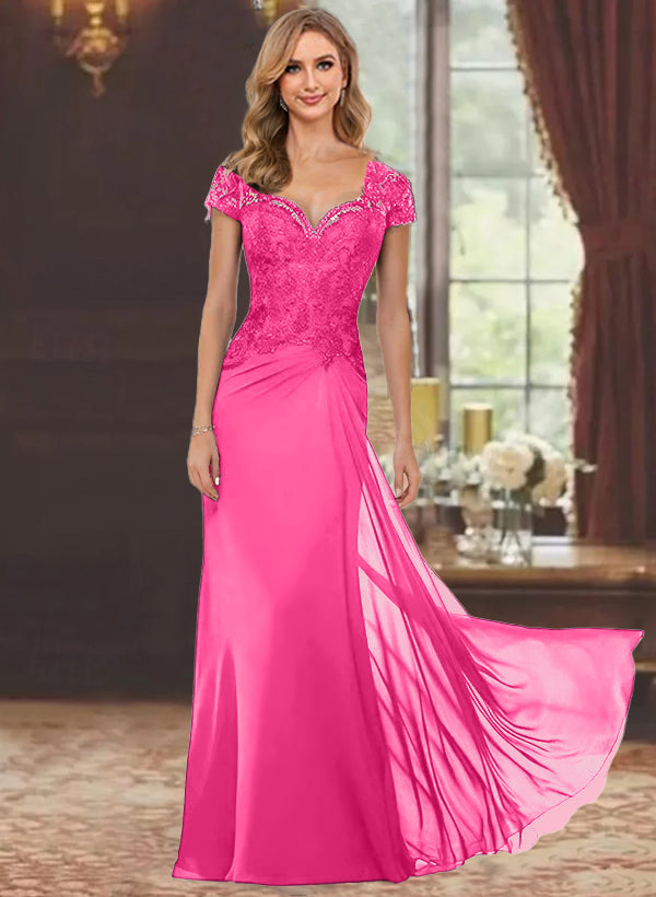 Robe de Mère de la Mariée Fourreau/Colonne à Manches Courtes et Longueur Au Sol avec Appliques en Dentelle