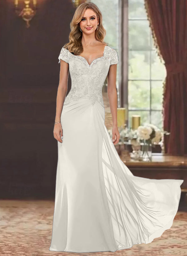 Robe de Mère de la Mariée Fourreau/Colonne à Manches Courtes et Longueur Au Sol avec Appliques en Dentelle
