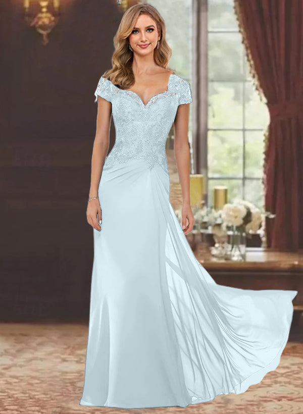Robe de Mère de la Mariée Fourreau/Colonne à Manches Courtes et Longueur Au Sol avec Appliques en Dentelle