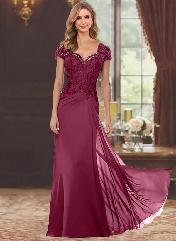 Robe de Mère de la Mariée Fourreau/Colonne à Manches Courtes et Longueur Au Sol avec Appliques en Dentelle