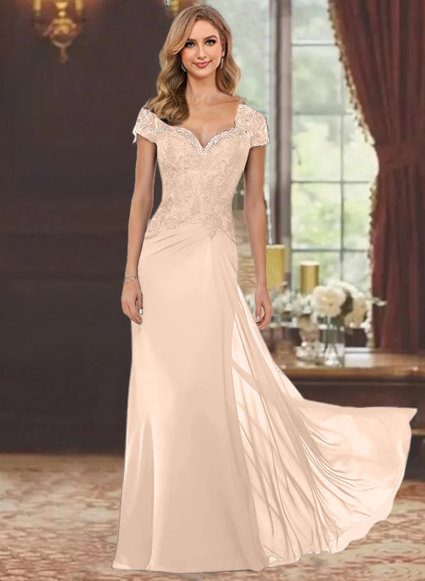 Robe de Mère de la Mariée Fourreau/Colonne à Manches Courtes et Longueur Au Sol avec Appliques en Dentelle