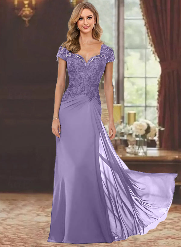Robe de Mère de la Mariée Fourreau/Colonne à Manches Courtes et Longueur Au Sol avec Appliques en Dentelle