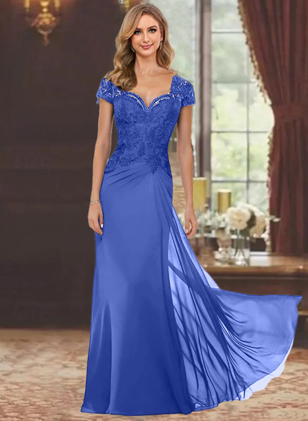 Robe de Mère de la Mariée Fourreau/Colonne à Manches Courtes et Longueur Au Sol avec Appliques en Dentelle