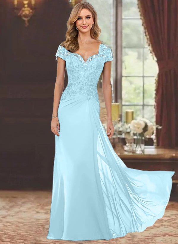 Robe de Mère de la Mariée Fourreau/Colonne à Manches Courtes et Longueur Au Sol avec Appliques en Dentelle