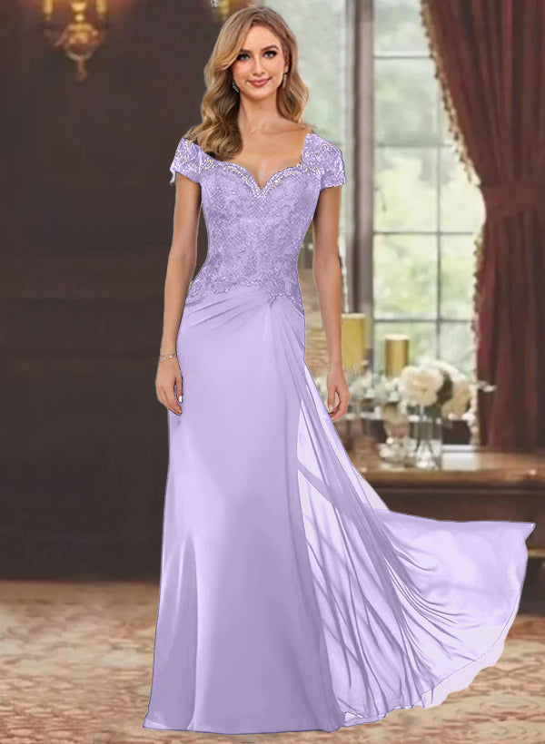 Robe de Mère de la Mariée Fourreau/Colonne à Manches Courtes et Longueur Au Sol avec Appliques en Dentelle