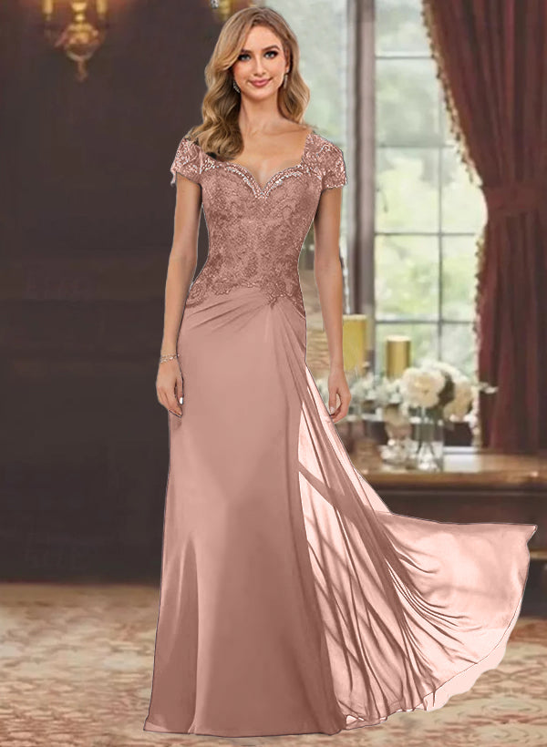 Robe de Mère de la Mariée Fourreau/Colonne à Manches Courtes et Longueur Au Sol avec Appliques en Dentelle