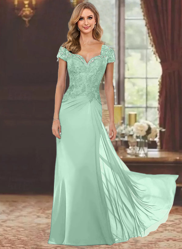Robe de Mère de la Mariée Fourreau/Colonne à Manches Courtes et Longueur Au Sol avec Appliques en Dentelle