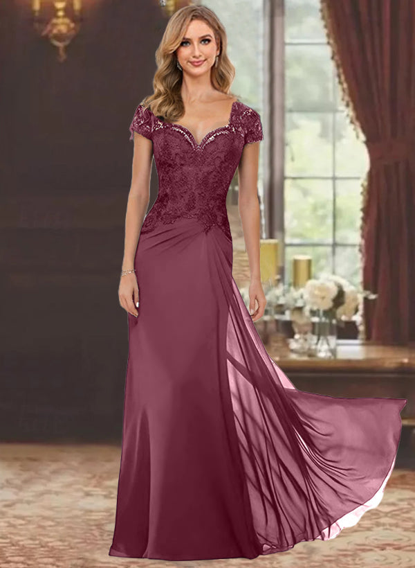 Robe de Mère de la Mariée Fourreau/Colonne à Manches Courtes et Longueur Au Sol avec Appliques en Dentelle