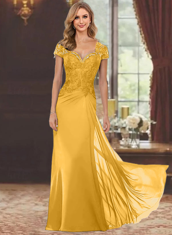Robe de Mère de la Mariée Fourreau/Colonne à Manches Courtes et Longueur Au Sol avec Appliques en Dentelle