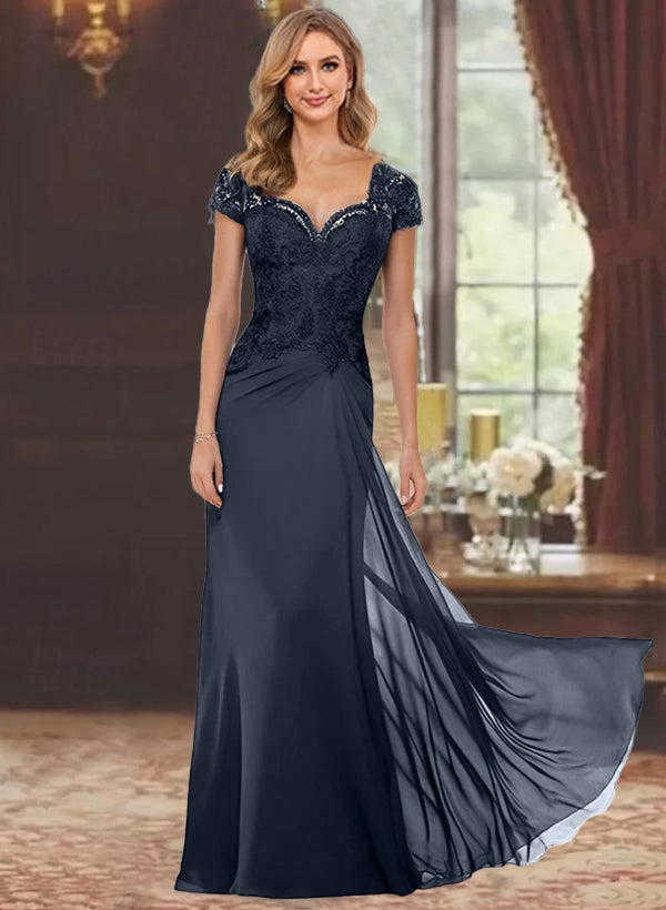 Robe de Mère de la Mariée Fourreau/Colonne à Manches Courtes et Longueur Au Sol avec Appliques en Dentelle