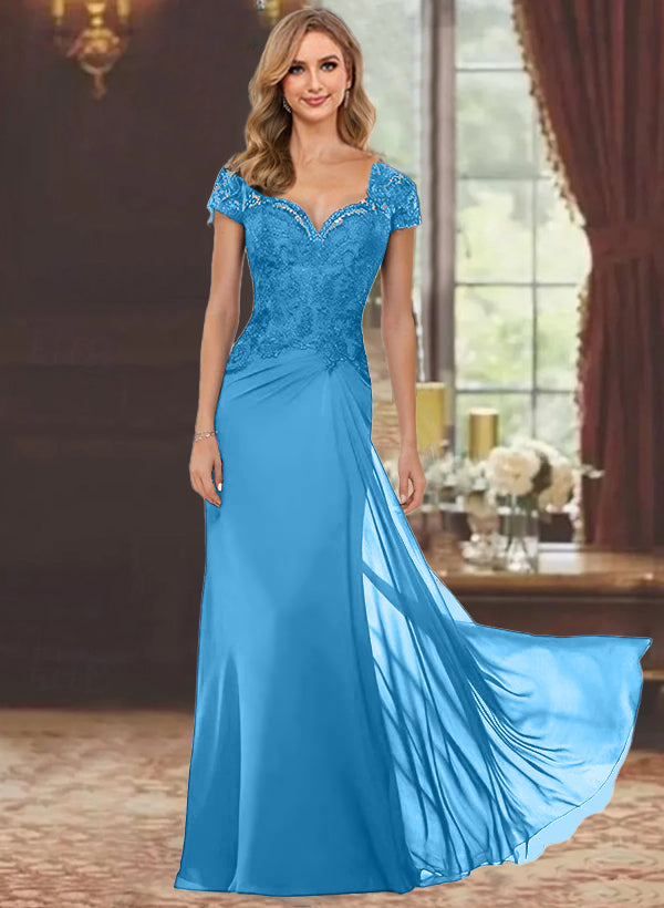 Robe de Mère de la Mariée Fourreau/Colonne à Manches Courtes et Longueur Au Sol avec Appliques en Dentelle