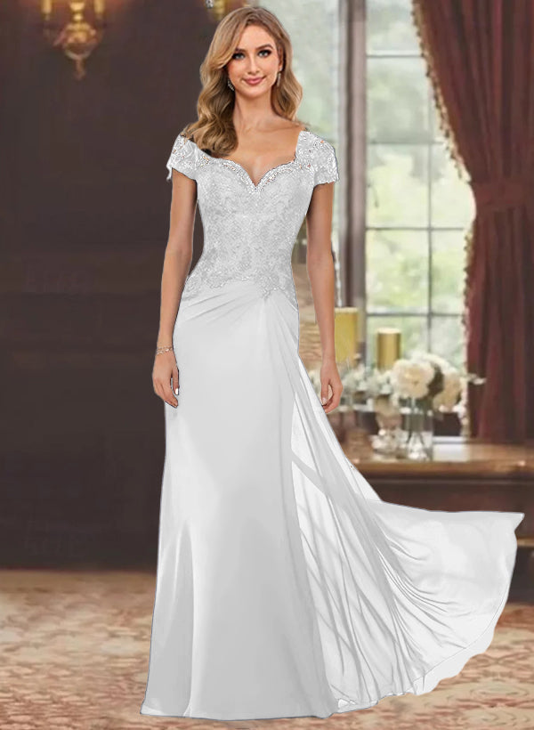Robe de Mère de la Mariée Fourreau/Colonne à Manches Courtes et Longueur Au Sol avec Appliques en Dentelle