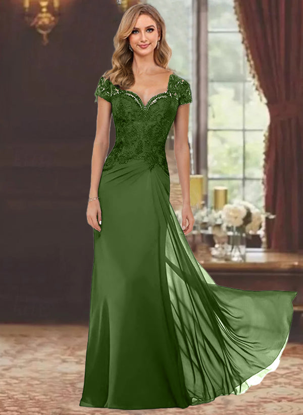 Robe de Mère de la Mariée Fourreau/Colonne à Manches Courtes et Longueur Au Sol avec Appliques en Dentelle