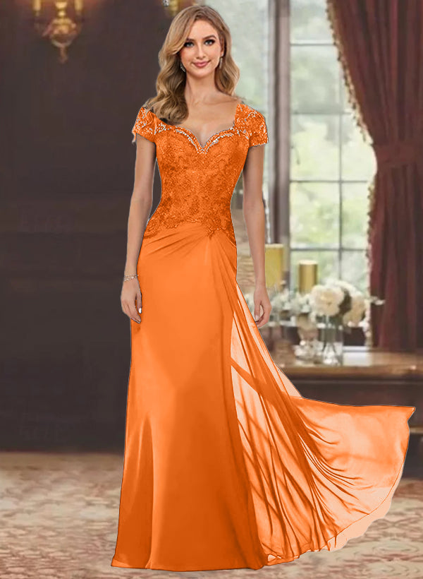 Robe de Mère de la Mariée Fourreau/Colonne à Manches Courtes et Longueur Au Sol avec Appliques en Dentelle