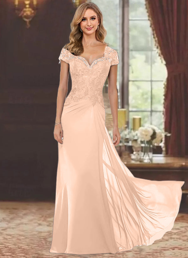 Robe de Mère de la Mariée Fourreau/Colonne à Manches Courtes et Longueur Au Sol avec Appliques en Dentelle