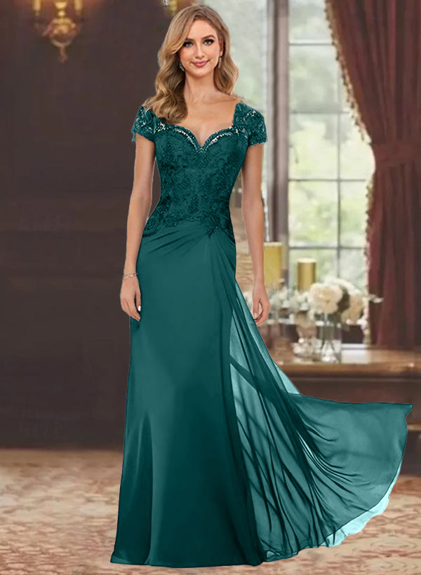 Robe de Mère de la Mariée Fourreau/Colonne à Manches Courtes et Longueur Au Sol avec Appliques en Dentelle