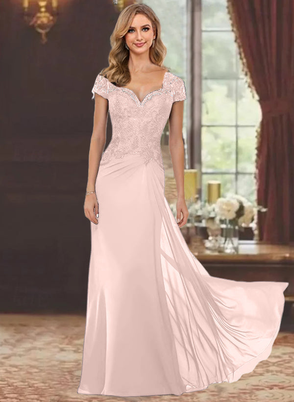 Robe de Mère de la Mariée Fourreau/Colonne à Manches Courtes et Longueur Au Sol avec Appliques en Dentelle