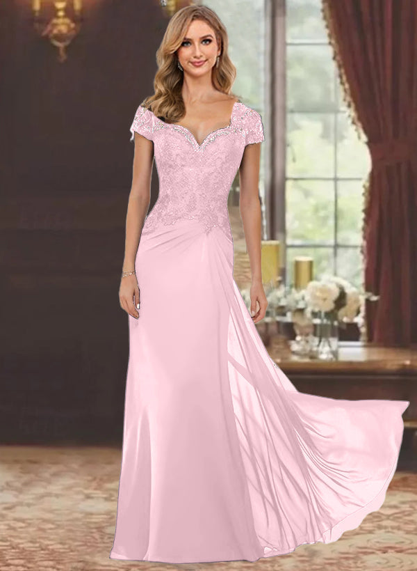 Robe de Mère de la Mariée Fourreau/Colonne à Manches Courtes et Longueur Au Sol avec Appliques en Dentelle