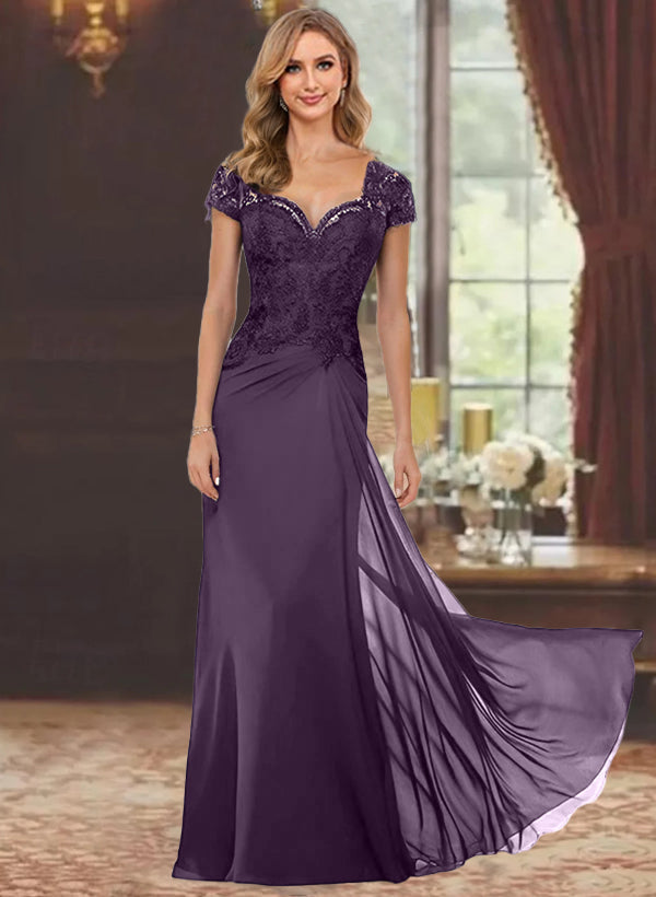 Robe de Mère de la Mariée Fourreau/Colonne à Manches Courtes et Longueur Au Sol avec Appliques en Dentelle