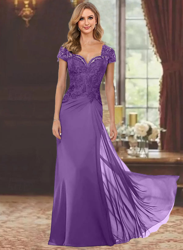 Robe de Mère de la Mariée Fourreau/Colonne à Manches Courtes et Longueur Au Sol avec Appliques en Dentelle