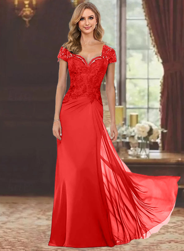 Robe de Mère de la Mariée Fourreau/Colonne à Manches Courtes et Longueur Au Sol avec Appliques en Dentelle