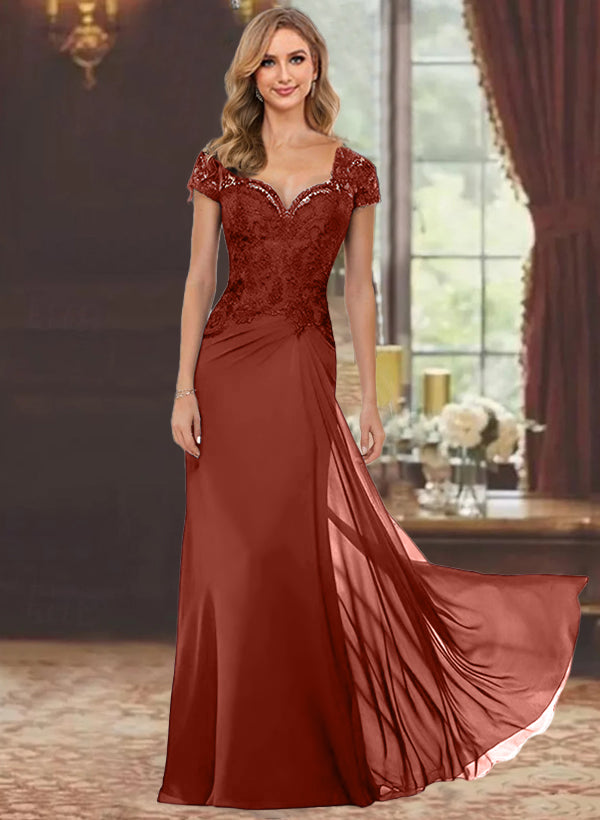 Robe de Mère de la Mariée Fourreau/Colonne à Manches Courtes et Longueur Au Sol avec Appliques en Dentelle