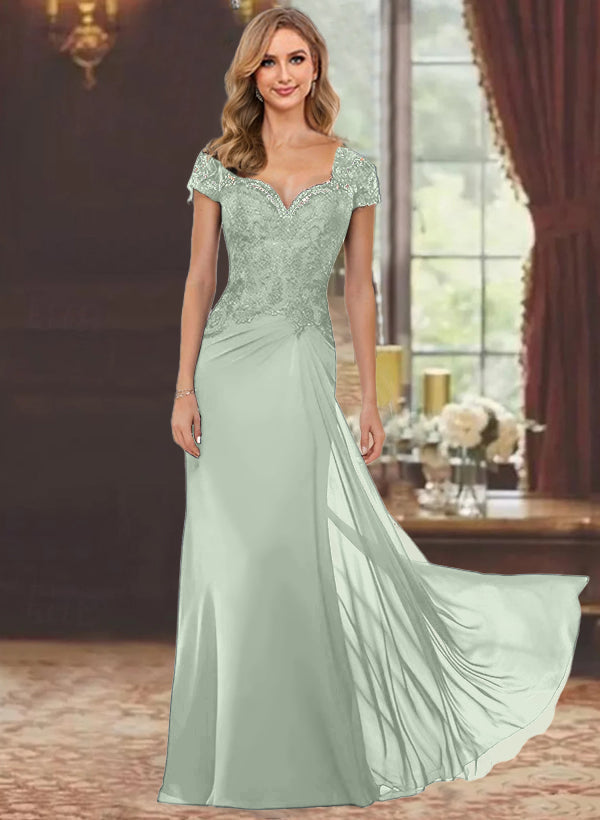 Robe de Mère de la Mariée Fourreau/Colonne à Manches Courtes et Longueur Au Sol avec Appliques en Dentelle