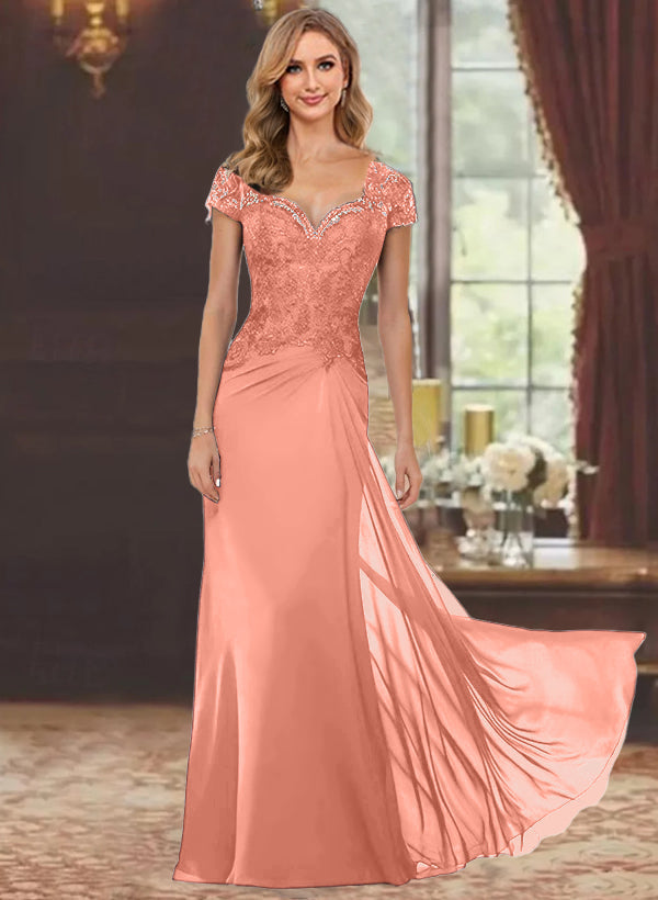 Robe de Mère de la Mariée Fourreau/Colonne à Manches Courtes et Longueur Au Sol avec Appliques en Dentelle
