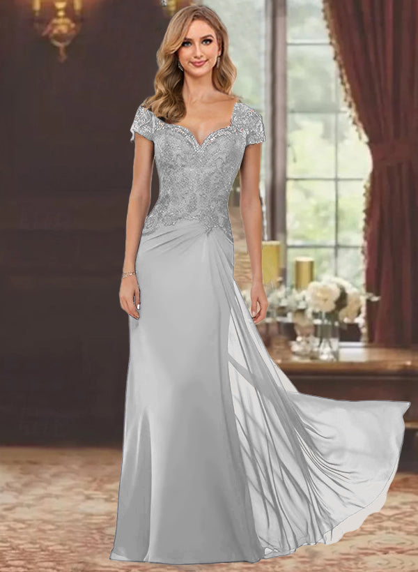 Robe de Mère de la Mariée Fourreau/Colonne à Manches Courtes et Longueur Au Sol avec Appliques en Dentelle