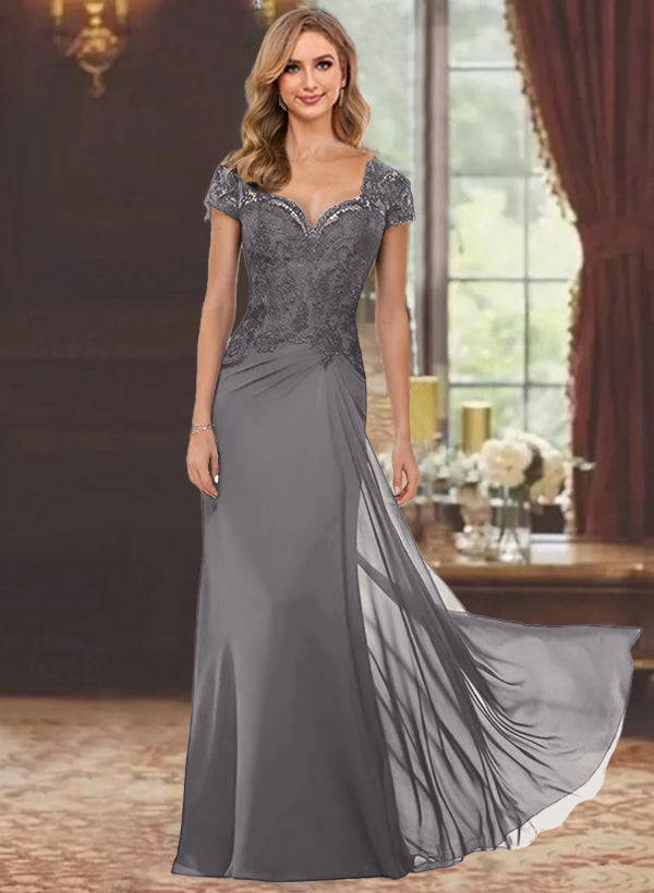Robe de Mère de la Mariée Fourreau/Colonne à Manches Courtes et Longueur Au Sol avec Appliques en Dentelle