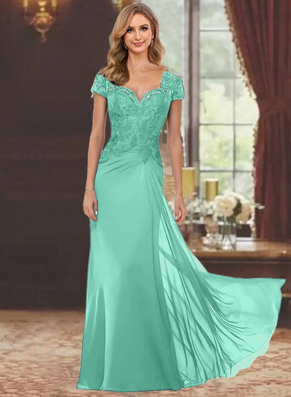 Robe de Mère de la Mariée Fourreau/Colonne à Manches Courtes et Longueur Au Sol avec Appliques en Dentelle