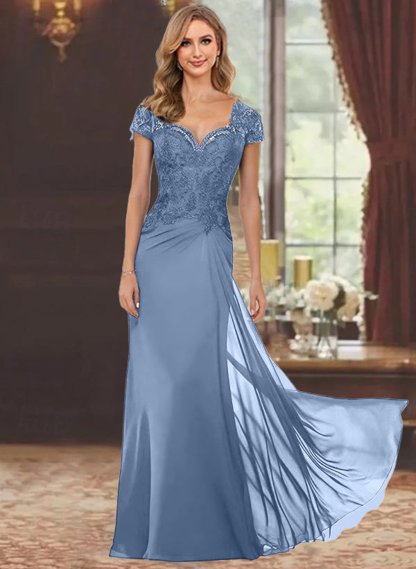Robe de Mère de la Mariée Fourreau/Colonne à Manches Courtes et Longueur Au Sol avec Appliques en Dentelle