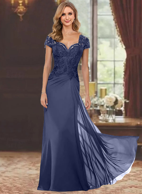 Robe de Mère de la Mariée Fourreau/Colonne à Manches Courtes et Longueur Au Sol avec Appliques en Dentelle