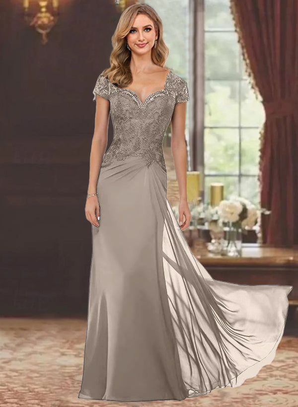 Robe de Mère de la Mariée Fourreau/Colonne à Manches Courtes et Longueur Au Sol avec Appliques en Dentelle