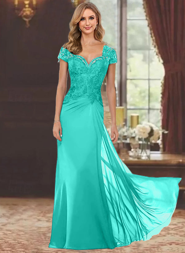 Robe de Mère de la Mariée Fourreau/Colonne à Manches Courtes et Longueur Au Sol avec Appliques en Dentelle