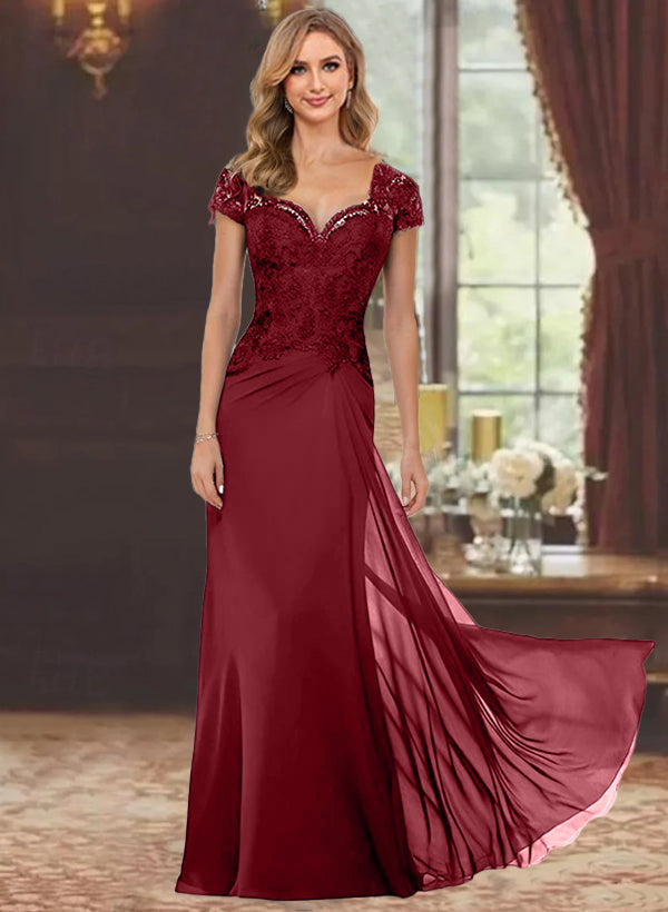 Robe de Mère de la Mariée Fourreau/Colonne à Manches Courtes et Longueur Au Sol avec Appliques en Dentelle