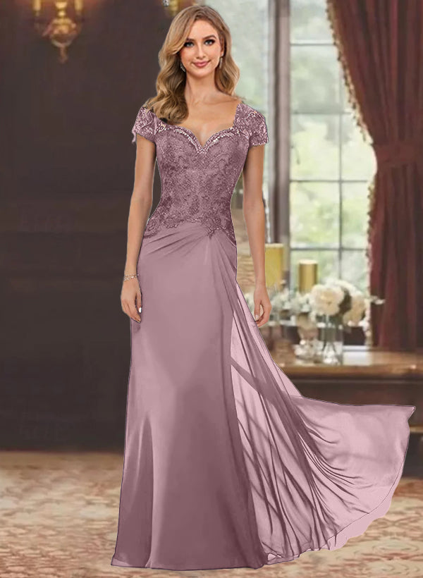 Robe de Mère de la Mariée Fourreau/Colonne à Manches Courtes et Longueur Au Sol avec Appliques en Dentelle