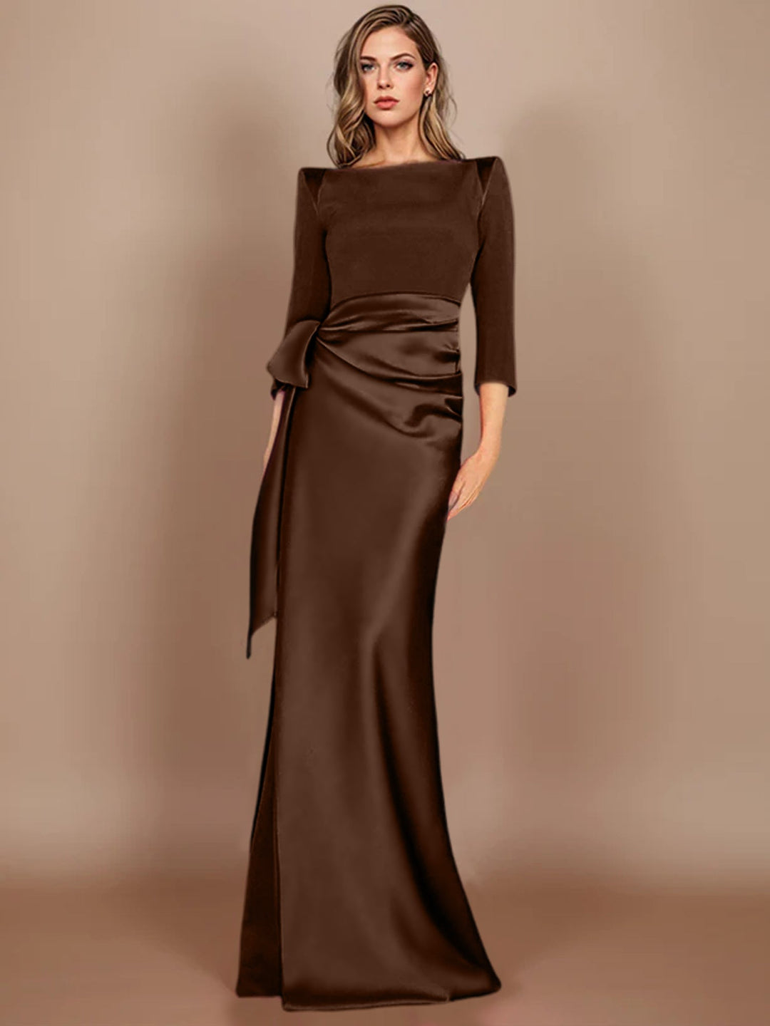Robe de Soirée Longue à Manches 3/4 et Nœud Décoratif