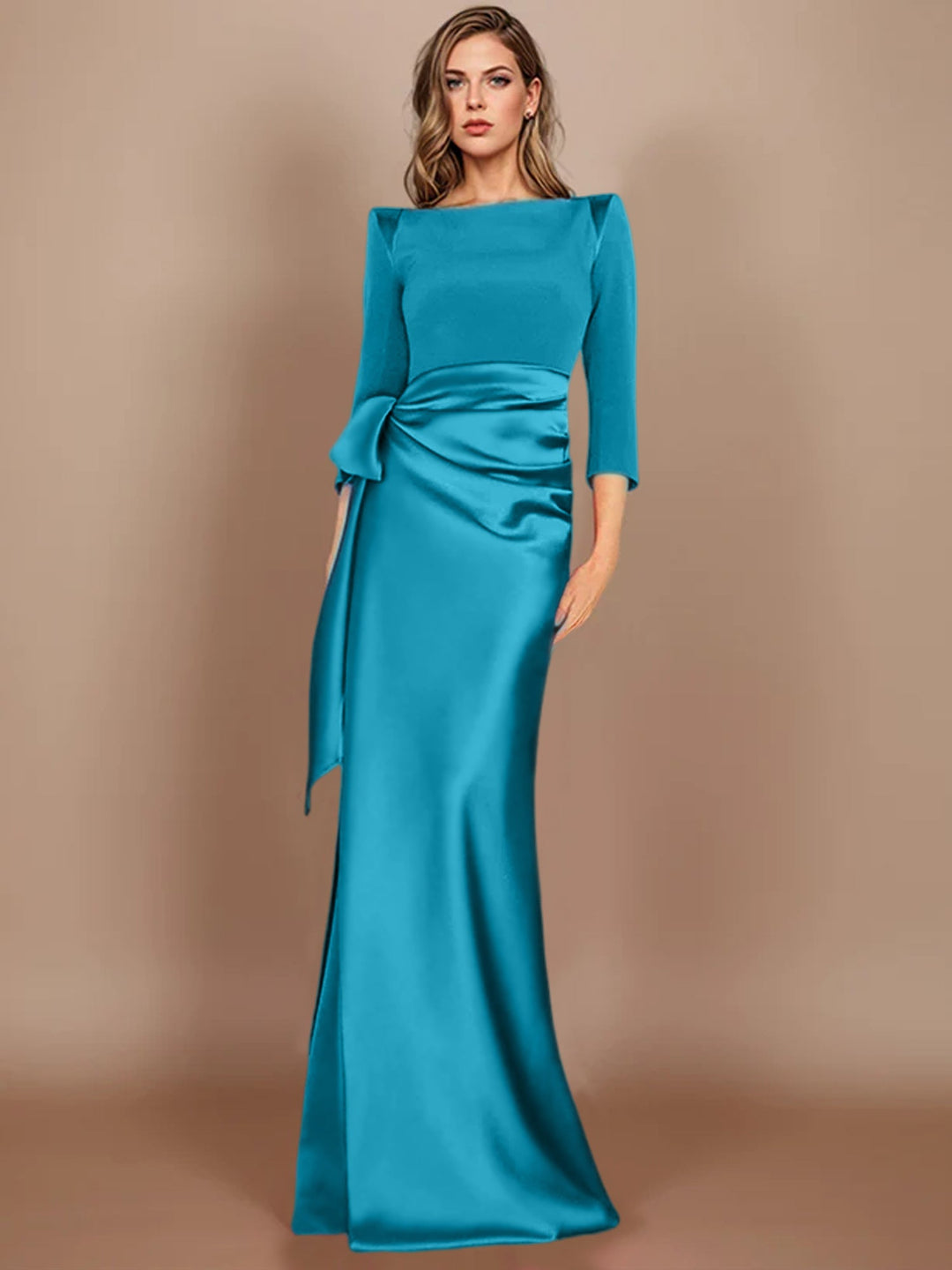 Robe de Soirée Longue à Manches 3/4 et Nœud Décoratif