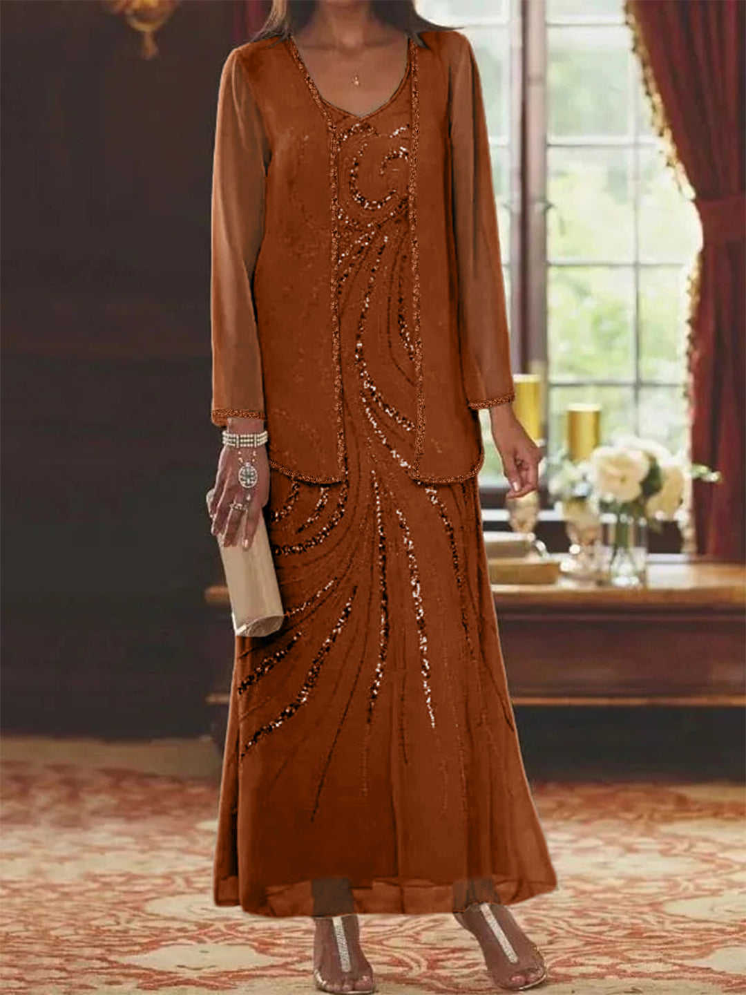 Robe de Mère de la Mariée Fourreau/Colonne à Col en V et Longueur Cheville avec Veste et Paillettes