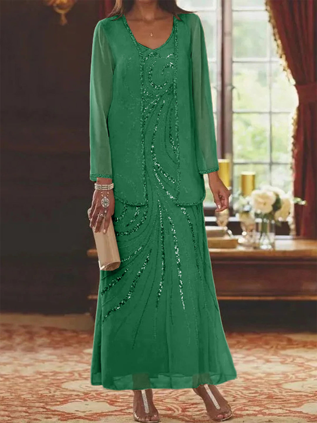 Robe de Mère de la Mariée Fourreau/Colonne à Col en V et Longueur Cheville avec Veste et Paillettes