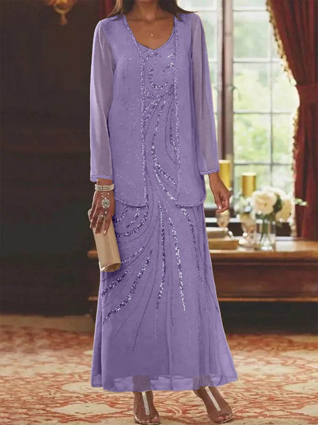 Robe de Mère de la Mariée Fourreau/Colonne à Col en V et Longueur Cheville avec Veste et Paillettes