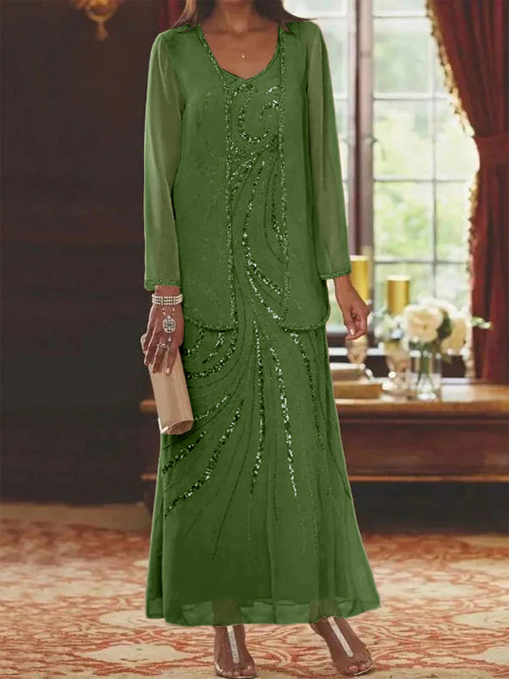 Robe de Mère de la Mariée Fourreau/Colonne à Col en V et Longueur Cheville avec Veste et Paillettes