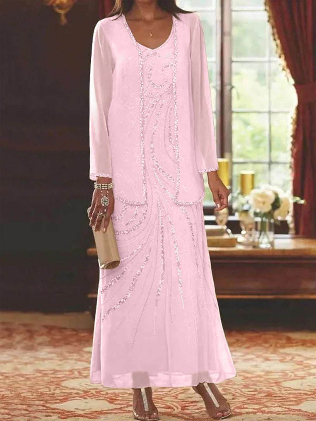 Robe de Mère de la Mariée Fourreau/Colonne à Col en V et Longueur Cheville avec Veste et Paillettes
